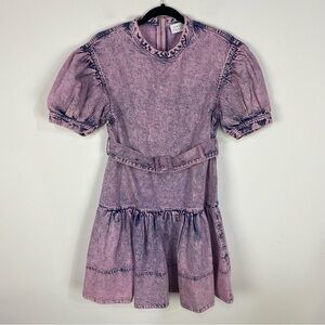 Tanya Taylor Alissa Rare Pink Denim Mini Dress Puff Statement Sleeve Belt Barbie